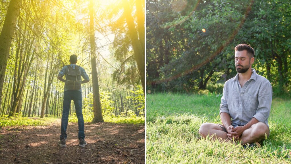 What are the benefits of forest bathing? A man standing in a forest and a man meditating.