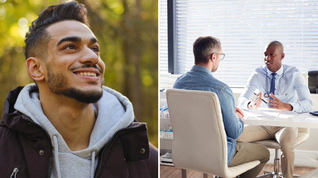 A split image of two men discussing how much does drug rehab cost next to a man smiling in a forest.