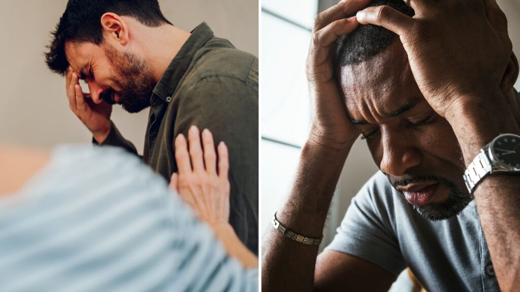 A split image of someone touching a man's shoulder while he cries and a man with his head down for the topic signs of drug addiction in men.