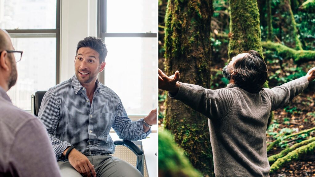 A split image of two men taking about how to pay for rehab and a man with his arms spread out in a forest.