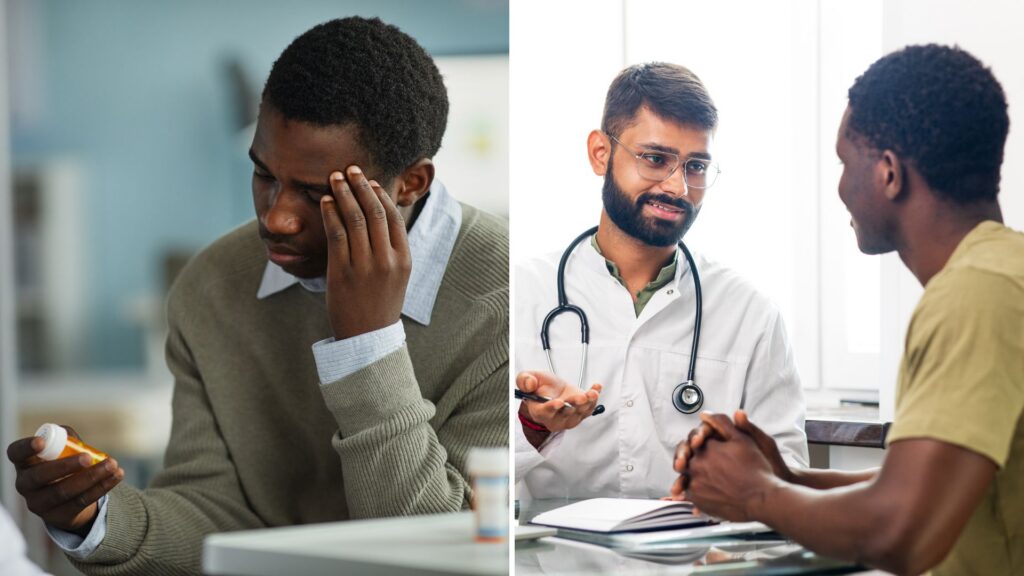 A split image of a man holding a pill bottle asking himself am i addicted to prescription drugs and a man speaking with a doctor.
