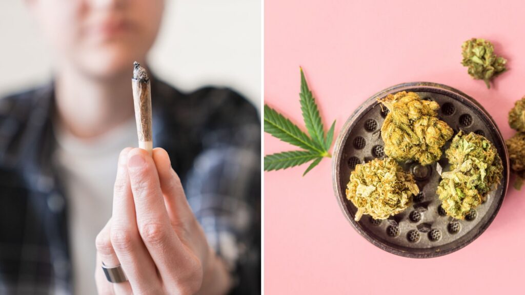 A split image of someone holding up a joint and cannabis against a pink background for the topic am i addicted to weed.