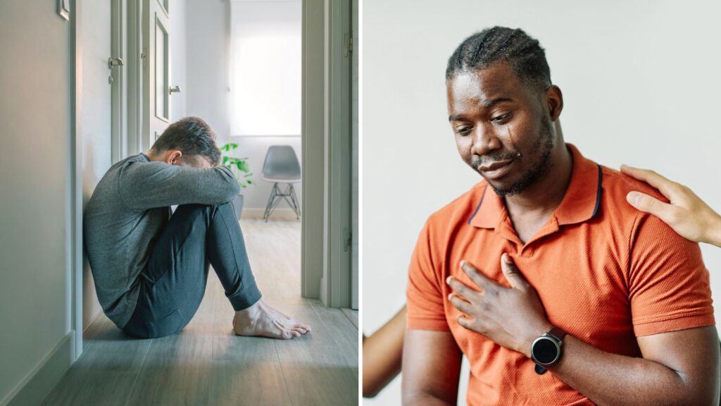 A split image of a man sitting on the floor with his head down wondering how long does it take to break an addiction next to a man crying while being supported by people.