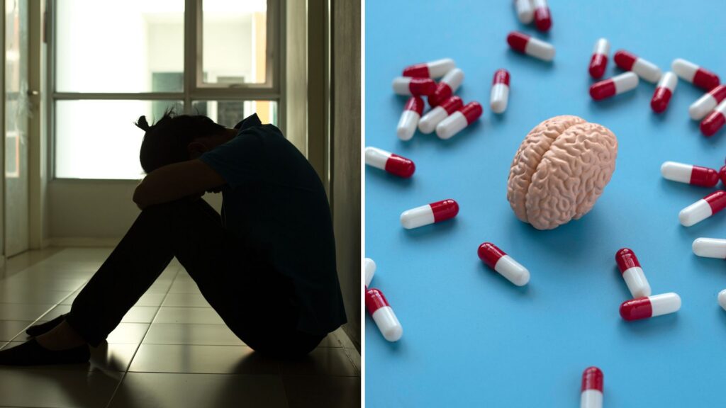 A split image of a man with his head down in a hallway wondering how does addiction affect the brain next to a model brain surrounded by pills.