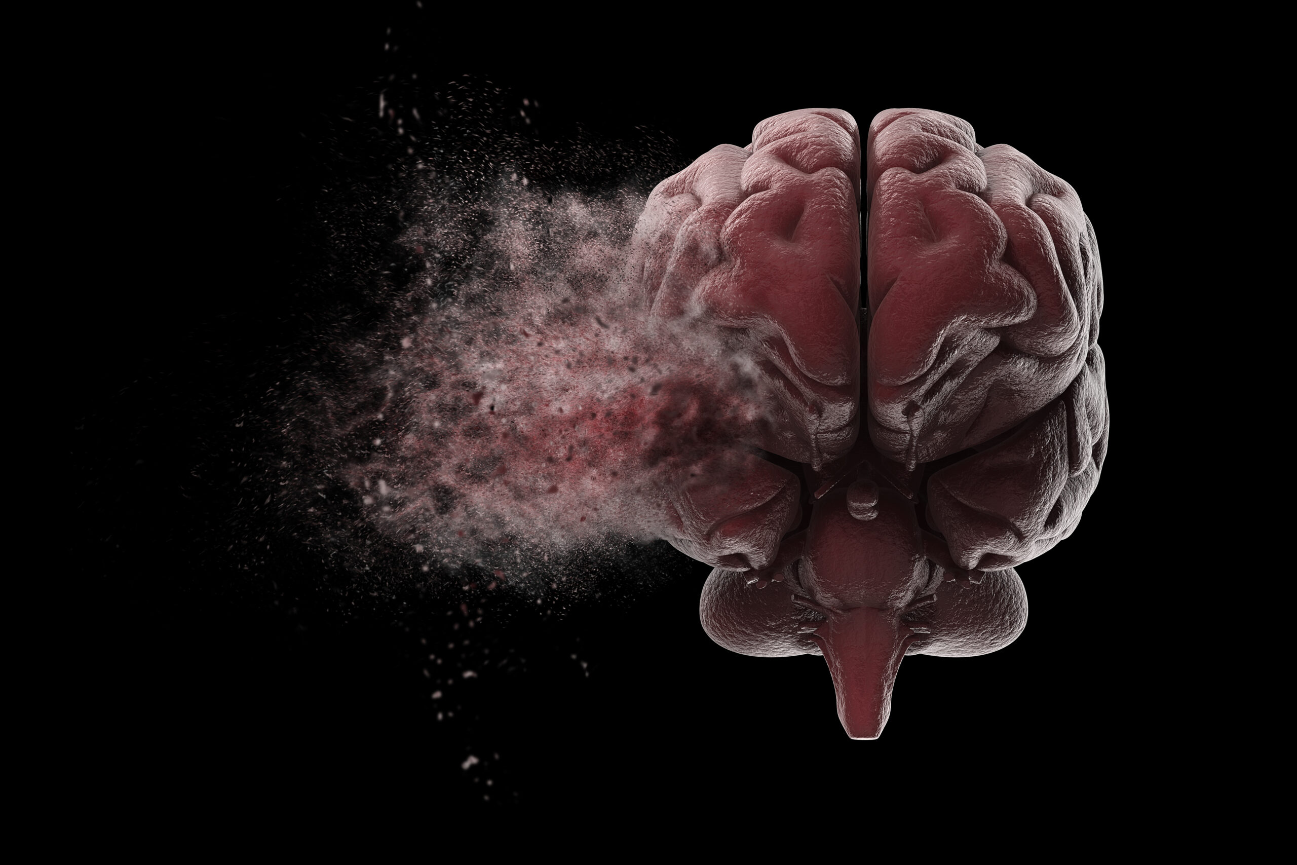 A disintegrating brain against a black background for the topic how does addiction affect the brain.