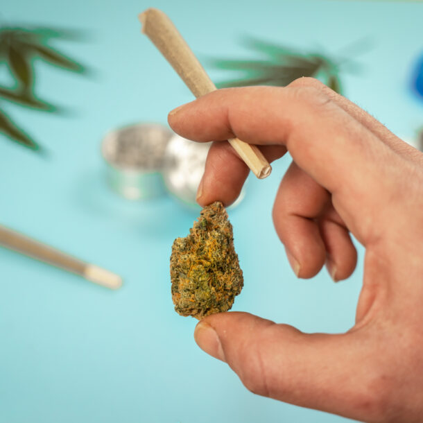 A hand holding a joint and cannabis against a blue background for the topic am i addicted to weed.